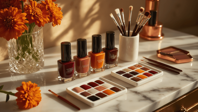 Cinematic close-up of a luxurious marble vanity showcasing autumn-themed nail art supplies in warm hues, with elegant lighting enhancing the rich textures and reflections of nail polish bottles and accessories.