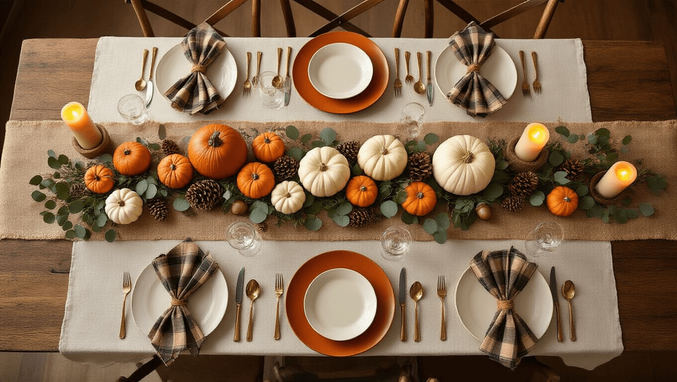 Elegant Thanksgiving tablescape with cream linens, burnt orange charger plates, and white dinnerware, featuring mini pumpkins and eucalyptus in a warm golden hour setting.