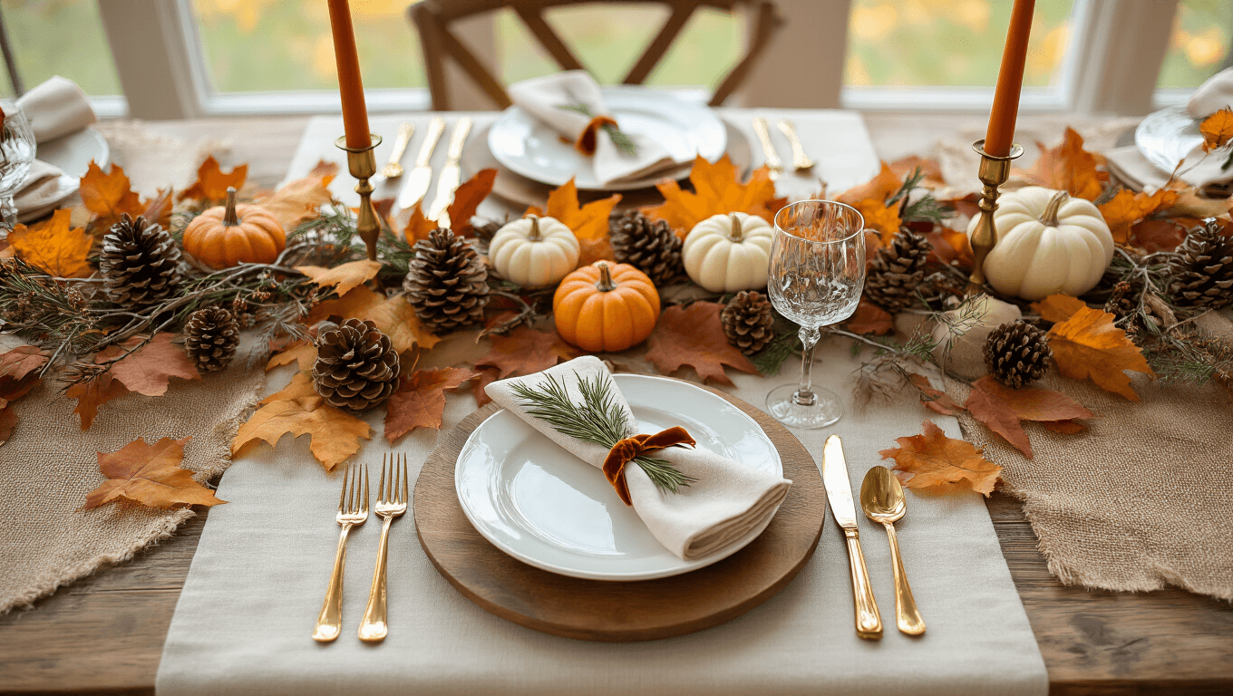 Elegant Thanksgiving tablescape featuring a cream linen runner, pinecones, golden autumn leaves, white porcelain plates on wooden chargers, rosemary-tied napkins with velvet ribbon, brass taper candle holders, mini pumpkins, and natural branches centerpiece, all illuminated by soft morning light in a rustic-modern aesthetic.