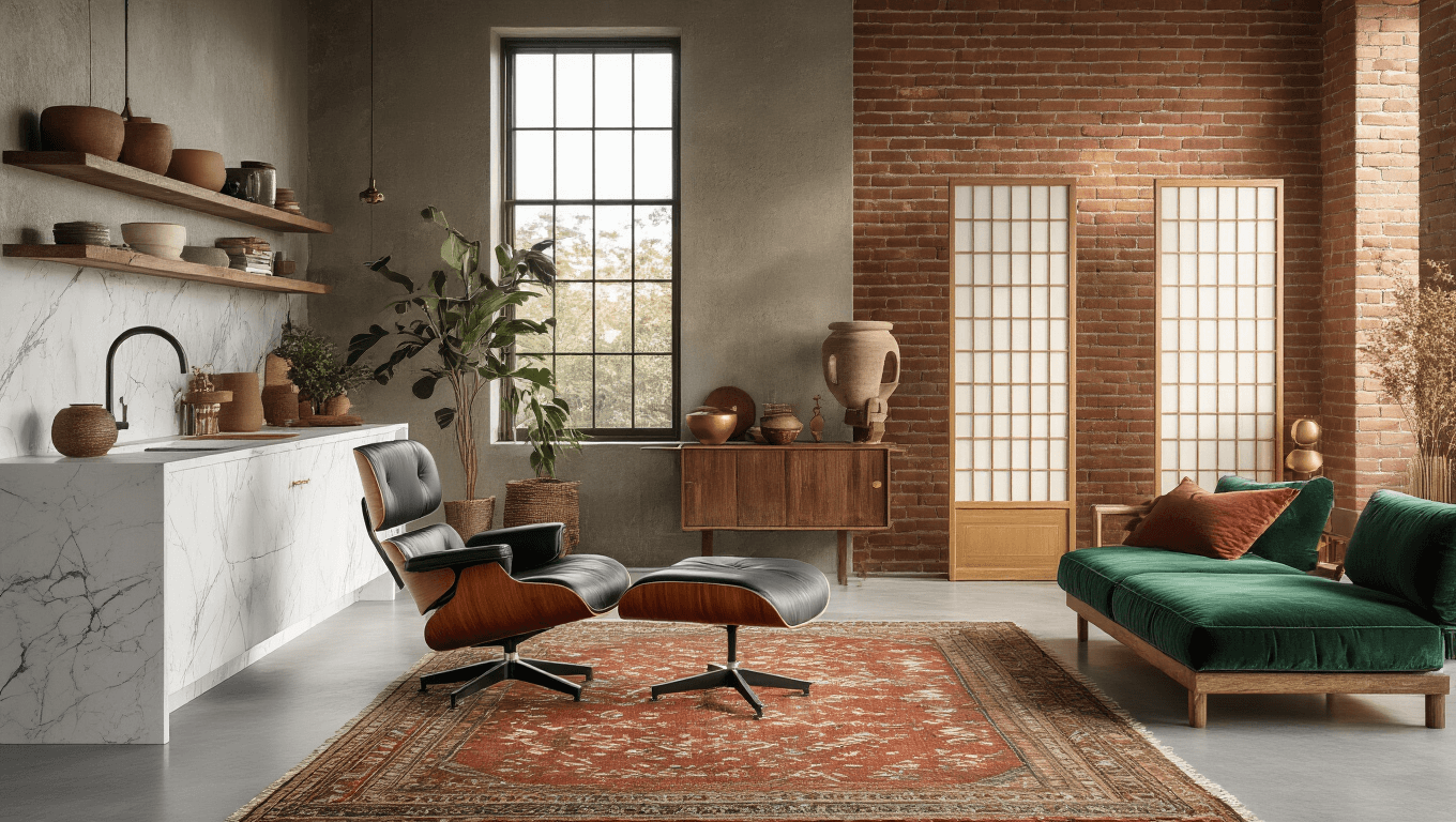 Cinematic interior design showcasing mid-century, Scandinavian, bohemian, Japanese, and industrial elements with polished concrete, white marble, velvet textiles, and exposed brick, bathed in warm golden hour lighting.