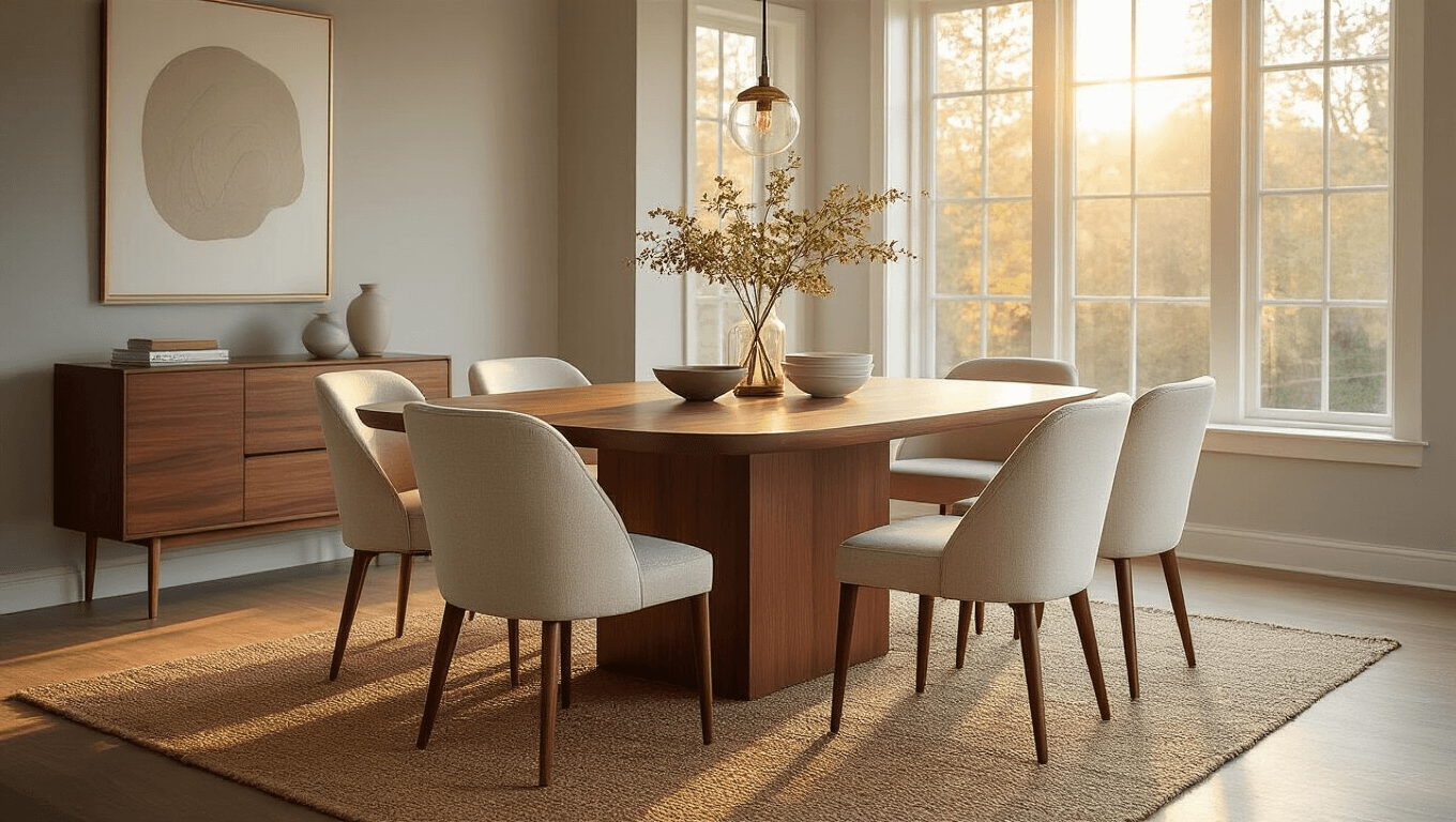 Ultra-realistic dining room featuring a walnut dining table surrounded by cream upholstered chairs, illuminated by warm golden hour sunlight; soft gray walls and modern artwork complement the inviting atmosphere.