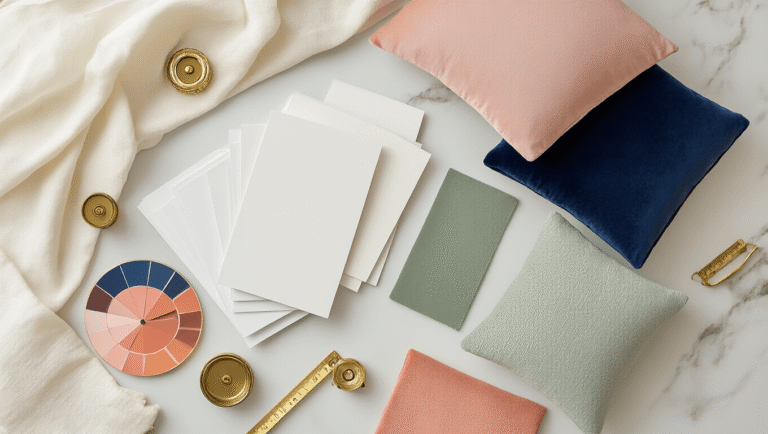 Cinematic flat lay of white paint samples on marble with navy, blush, sage, and coral fabric swatches; accented by brass hardware, velvet pillows, and design elements under warm golden hour lighting.