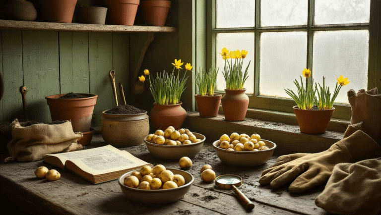 Ultra-detailed rustic potting shed interior featuring a weathered wooden workbench with winter aconite tubers, vintage gardening tools, aged terracotta pots, botanical reference books, worn leather gloves, and warm amber lighting, evoking a cozy gardening atmosphere.