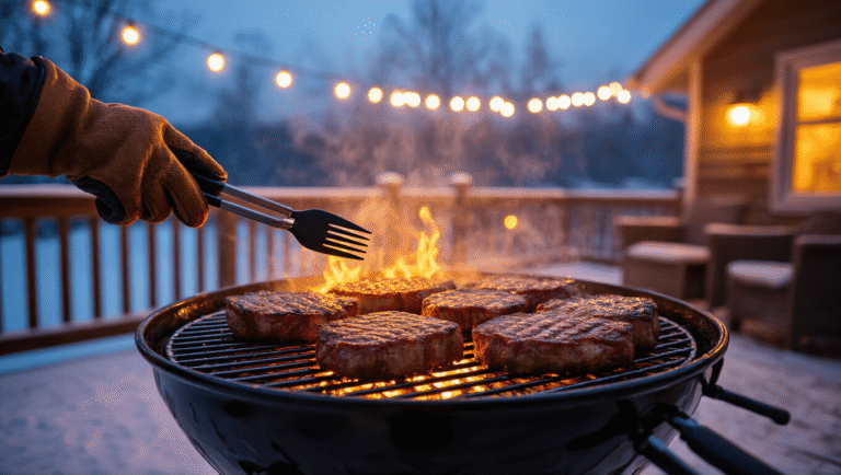 Cinematic close-up of thick-cut ribeye steaks sizzling on a stainless steel grill, surrounded by a snow-covered deck illuminated by warm LED lights against a twilight sky.