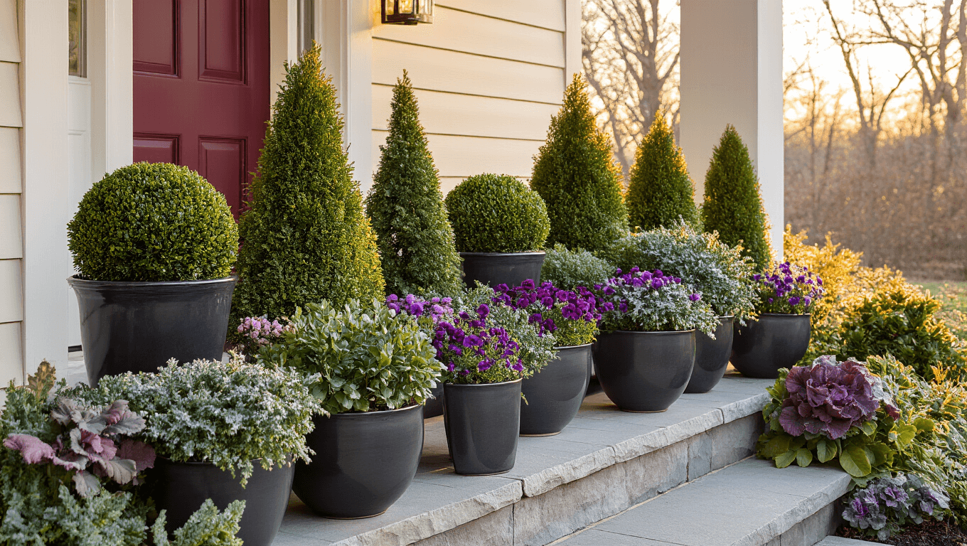 Cinematic wide shot of an elegant winter container garden on a front porch, showcasing charcoal ceramic planters with manicured boxwood, emerald arborvitae, pink winter heather, and ornamental kale, illuminated by warm golden hour light against a cream siding and burgundy door backdrop, with morning frost sparkling on the blooms.