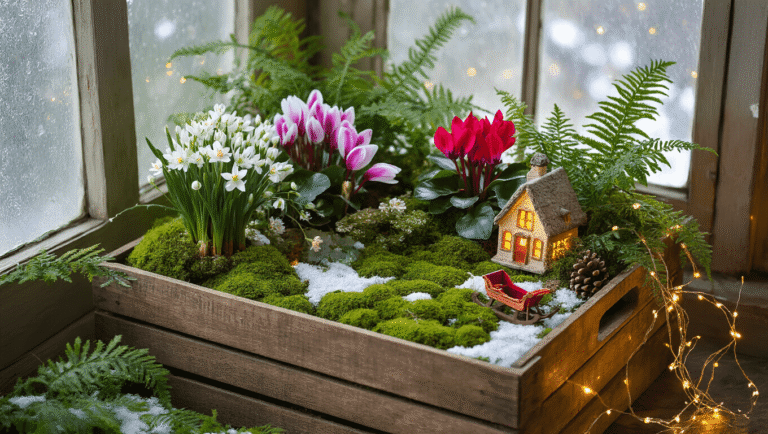 Overhead view of an enchanted winter fairy garden in a vintage wooden crate, showcasing white paperwhites, red cyclamen, and emerald moss, with a miniature cottage, wooden sleigh, and fairy lights, all bathed in warm side lighting.