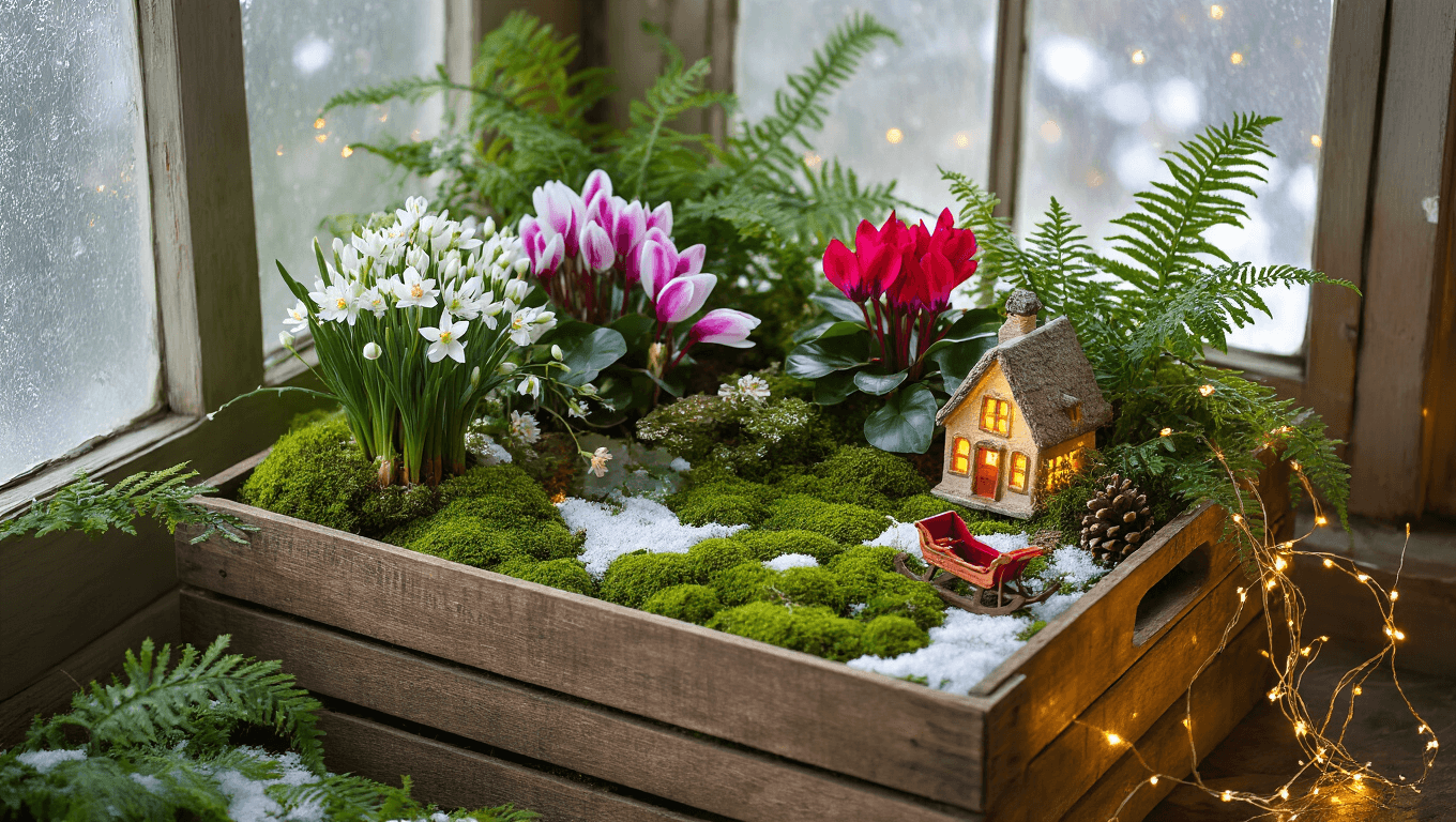 Overhead view of an enchanted winter fairy garden in a vintage wooden crate, showcasing white paperwhites, red cyclamen, and emerald moss, with a miniature cottage, wooden sleigh, and fairy lights, all bathed in warm side lighting.