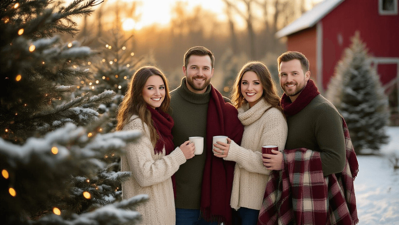 A winter family photoshoot at golden hour featuring a family of five in coordinated outfits holding mugs and blankets among snow-dusted evergreens and a blurred vintage red barn, with fairy lights creating bokeh.