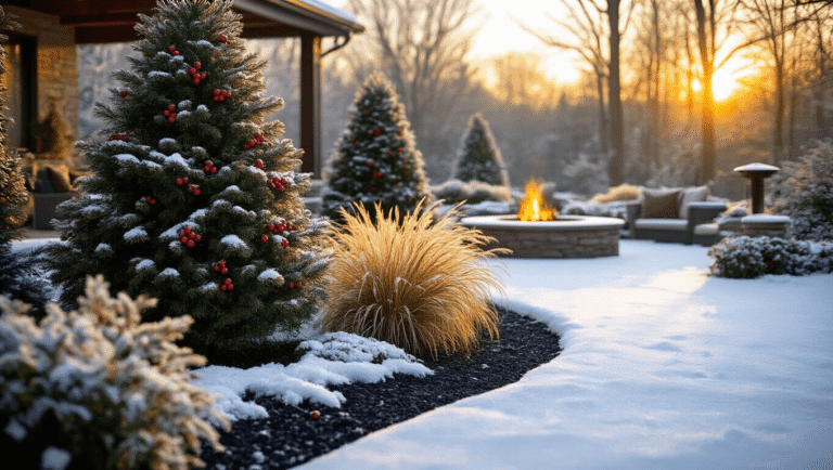 Cinematic wide-angle view of a winter garden at golden hour, showcasing snow-dusted evergreens, ornamental grasses, and a cozy patio with a stone fire pit, accented by warm amber lighting and wildlife feeding stations amidst a snowy landscape.