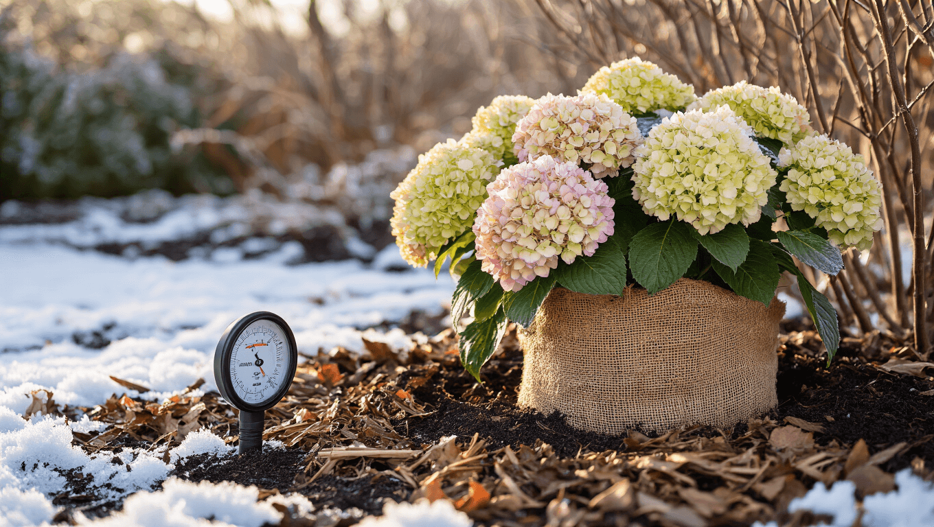 Cinematic winter garden scene featuring frost-kissed hydrangeas, burlap-wrapped plants, and shredded bark mulch on snow, with warm golden hour lighting and steam rising from moist soil.