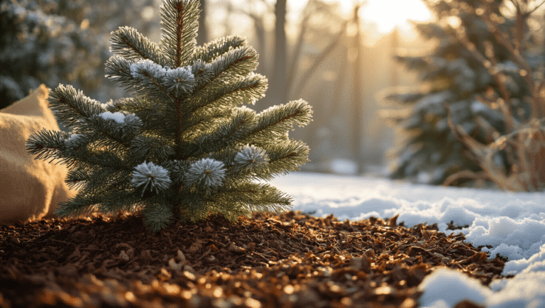Cinematic close-up of an Austrian pine in a winter landscape, featuring rich brown mulch around its base, a soaker hose, frost-kissed needles, and warm golden lighting, with a snow backdrop and burlap windbreak, highlighting proper mulching technique and winter protection.