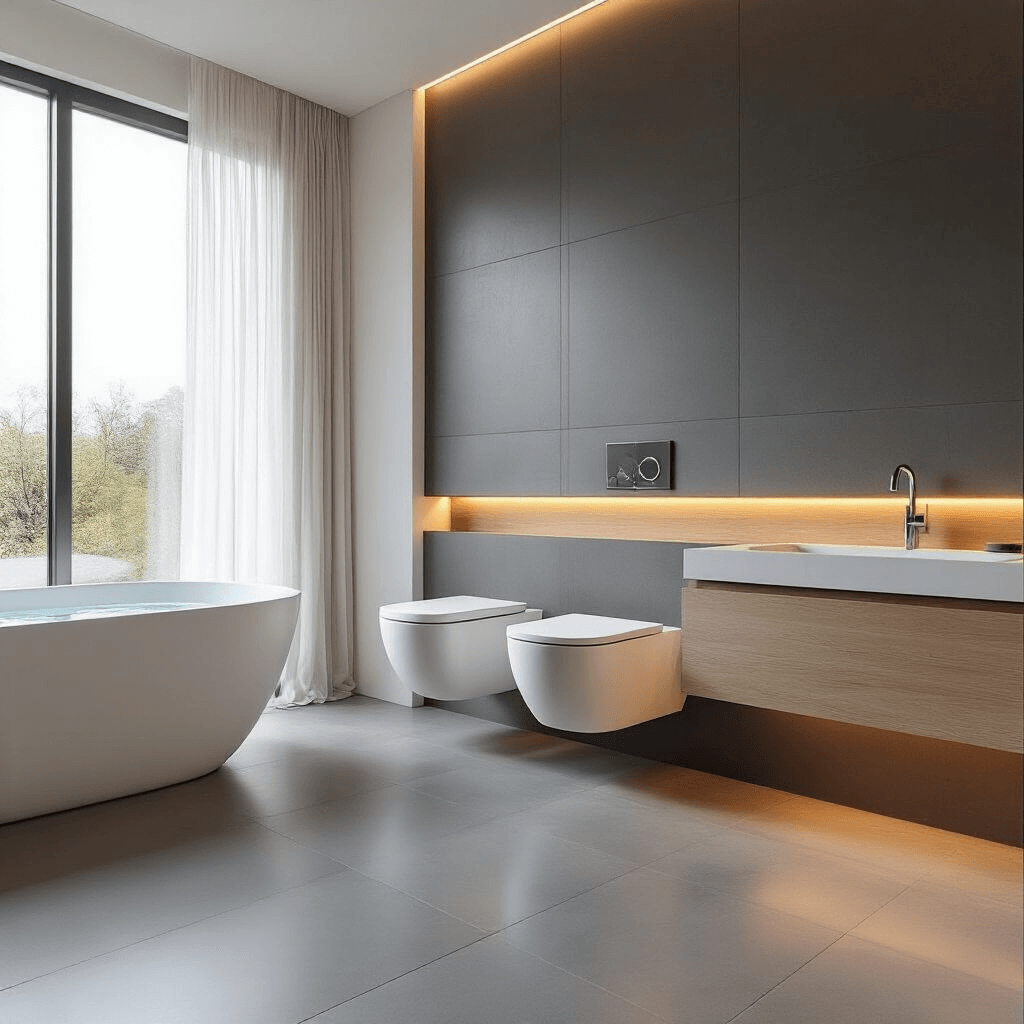 Photorealistic luxury bathroom interior featuring a wall-mounted floating toilet in matte white, surrounded by dark gray porcelain tiles and a white oak accent wall, with natural light filtering through sheer curtains. A freestanding oval bathtub is visible in the background, alongside a minimalist floating vanity. The scene emphasizes clean lines and geometric forms.