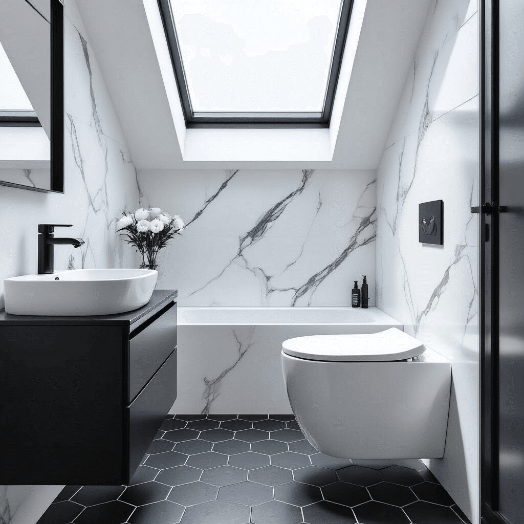 Photorealistic interior of a modern bathroom featuring a sleek smart bidet toilet, integrated control panel, and contemporary white and black color scheme, illuminated by natural daylight from a skylight, showcasing high-gloss and matte finishes.