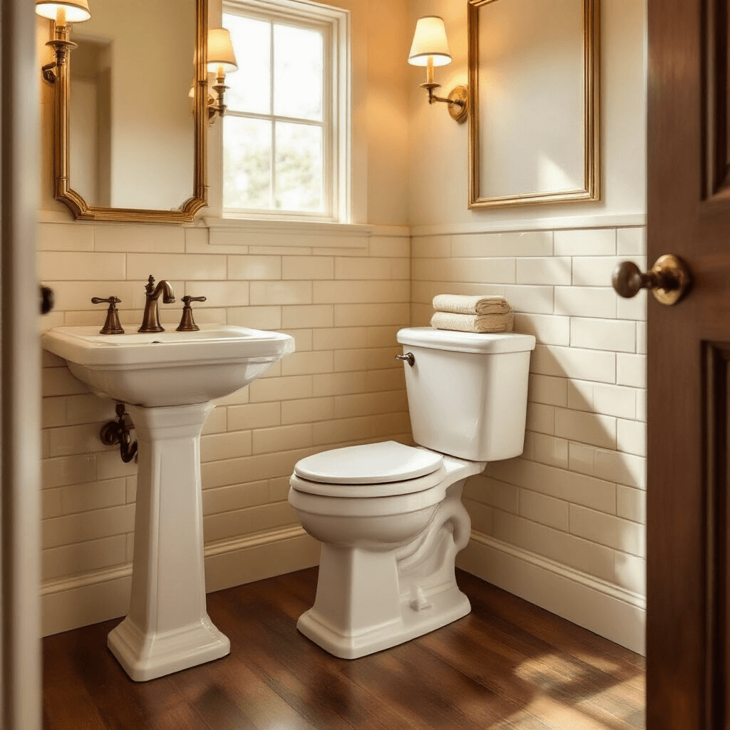 Photorealistic compact powder room showcasing a water-saving dual-flush toilet with visible buttons, warm beige ceramic subway tiles, rich walnut wood-look flooring, and a classic white pedestal sink, all bathed in cozy golden hour light.