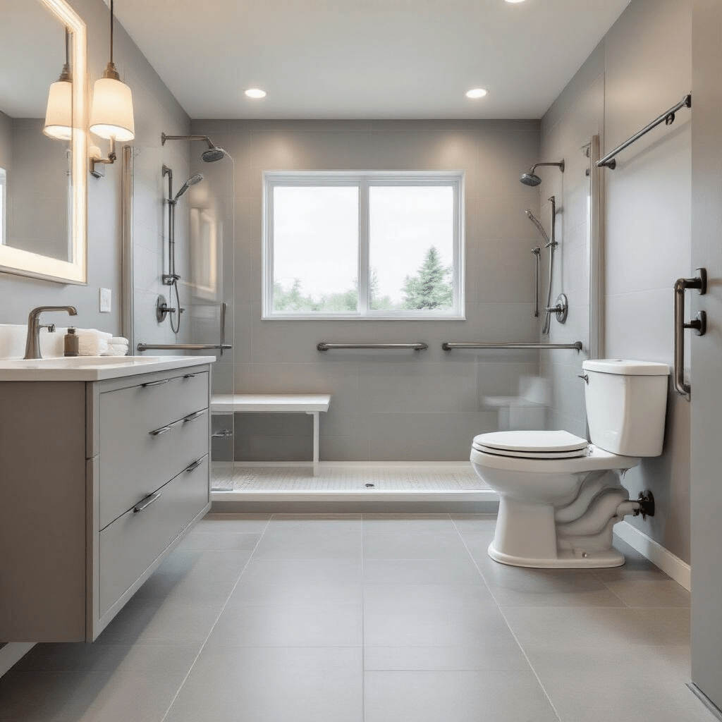 Photorealistic image of an accessible bathroom interior highlighting a comfort-height toilet, barrier-free design, and universal features, including grab bars, roll-in shower, and non-slip tiles, with a focus on safety and independent living.