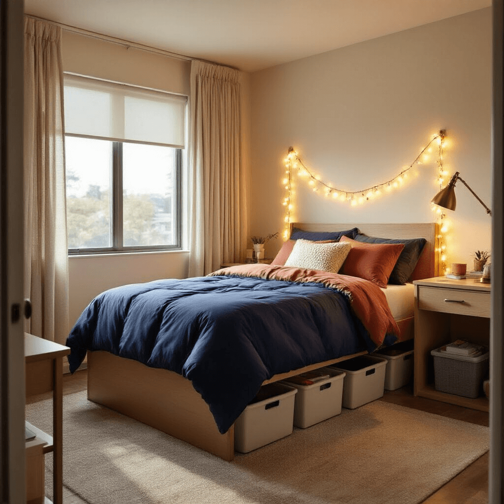 Photorealistic view of a transformed 12x10 foot dorm room featuring a twin XL bed with a navy comforter and textured pillows, warm LED string lights, natural light from a window with sheer curtains, a wooden desk with a brass lamp, and organized supplies, creating a cozy atmosphere.