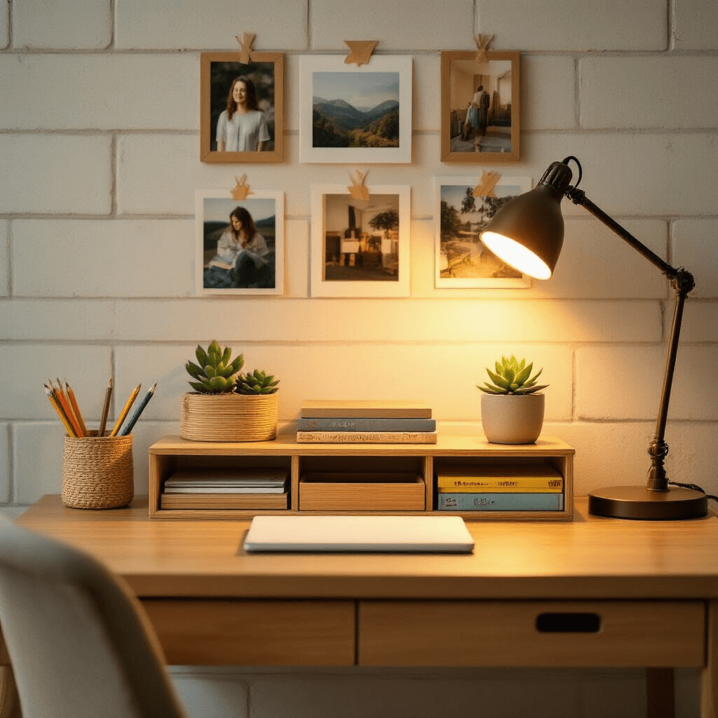 Close-up of a cozy study zone with a wooden desk featuring bamboo organizers, soft warm lighting, personal photos on a cream wall, and textured elements like a succulent and woven pencil holder, all in warm whites and soft greens.
