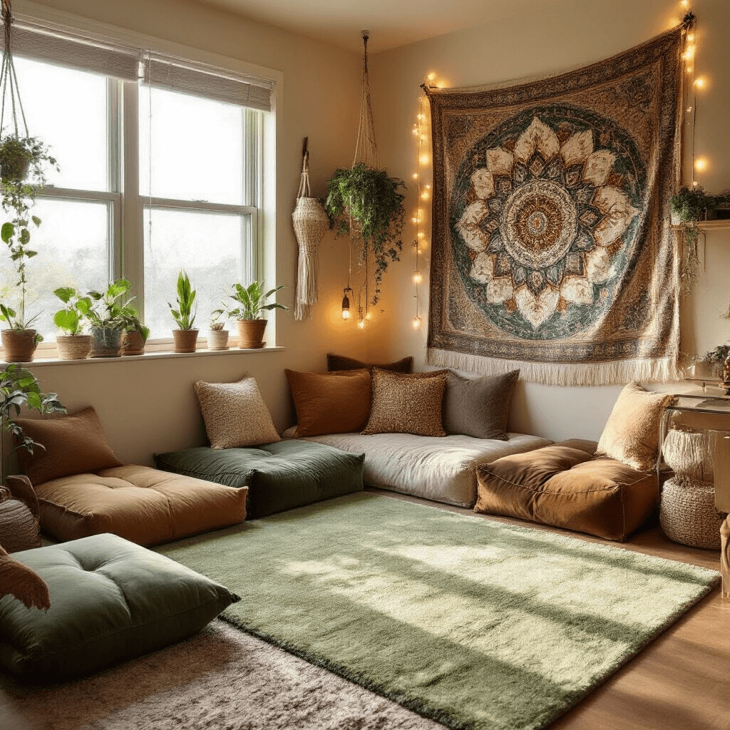 Medium shot of a cozy dorm room relaxation corner featuring a plush sage green area rug, textured floor cushions, a bohemian tapestry behind a twin bed, vertical storage solutions, warm golden hour lighting, hanging macrame plants, and decorative objects creating a personal and inviting atmosphere.