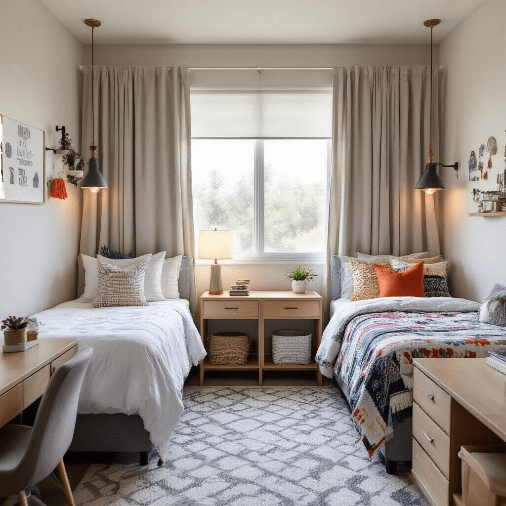 Wide shot of a shared dorm room featuring two distinct twin XL beds in L-configuration, one minimalist and the other maximalist, with a room divider, coordinated decor, and a blend of natural and artificial lighting.
