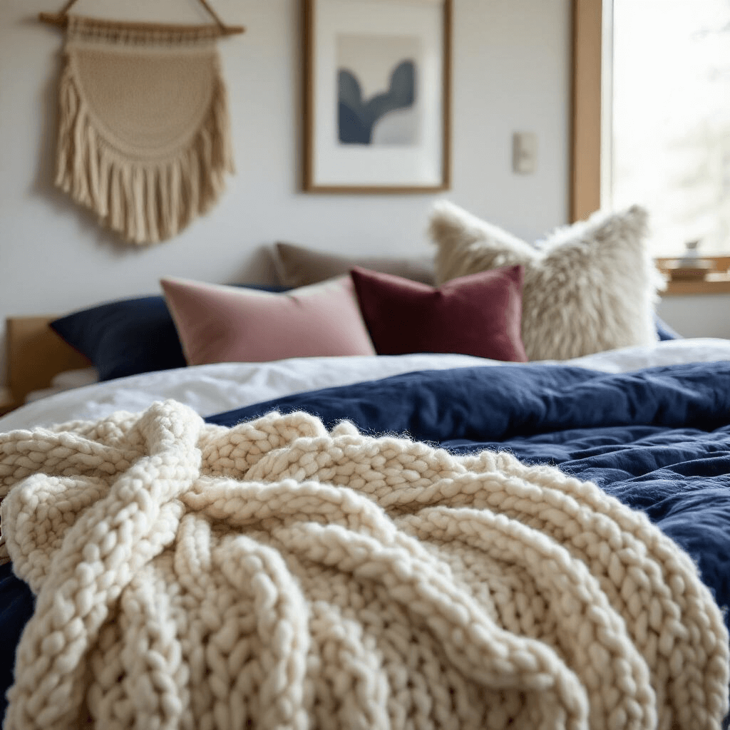 Close-up view of a cozy dorm bed area featuring a cream chunky knit throw blanket over a navy comforter, smooth cotton sheets, and dusty rose velvet pillows, with soft morning light highlighting textures and personal touches like a vintage alarm clock and a small plant.