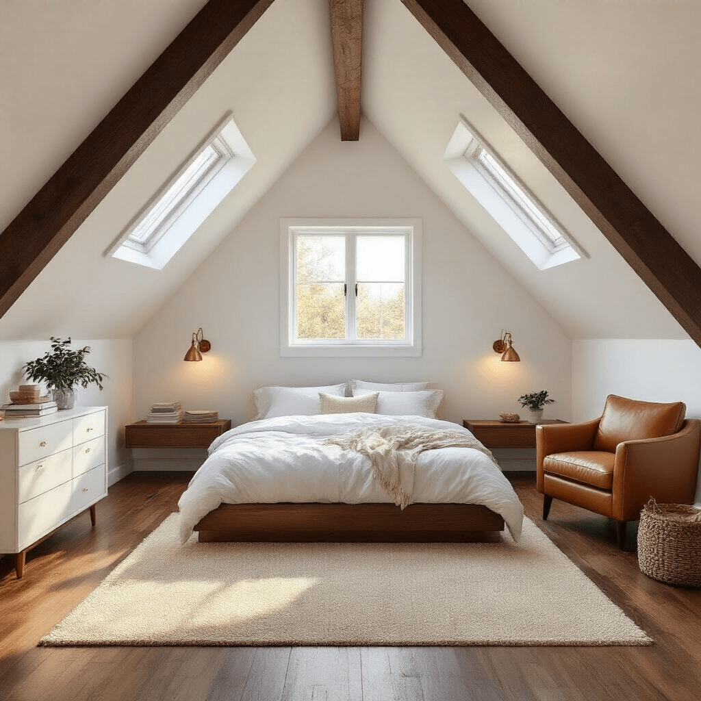 Photorealistic attic bedroom with sloped white ceilings, hardwood floors, walnut platform bed, floating nightstands, caramel leather chair, and warm natural lighting.