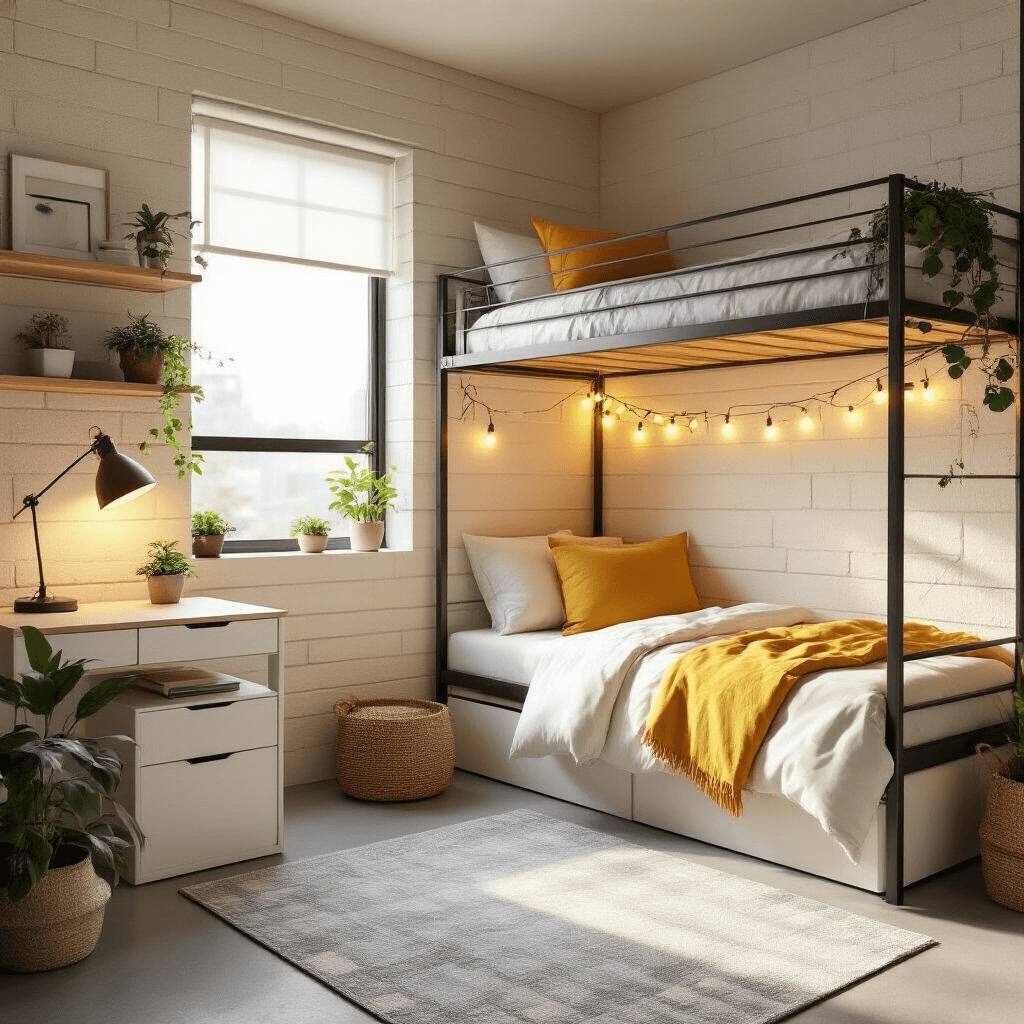 Cozy dorm room with modern minimalist design, featuring a lofted bed, white desk, plants, gallery wall, and warm ambient lighting.