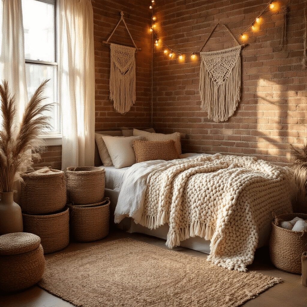 A cozy bohemian-style dorm corner with a Twin XL bed draped in a cream knit blanket, against exposed brick walls adorned with macramé. Woven baskets and a jute rug add warmth, while soft string lights illuminate the space during golden hour, complemented by dried pampas grass in a ceramic vase.