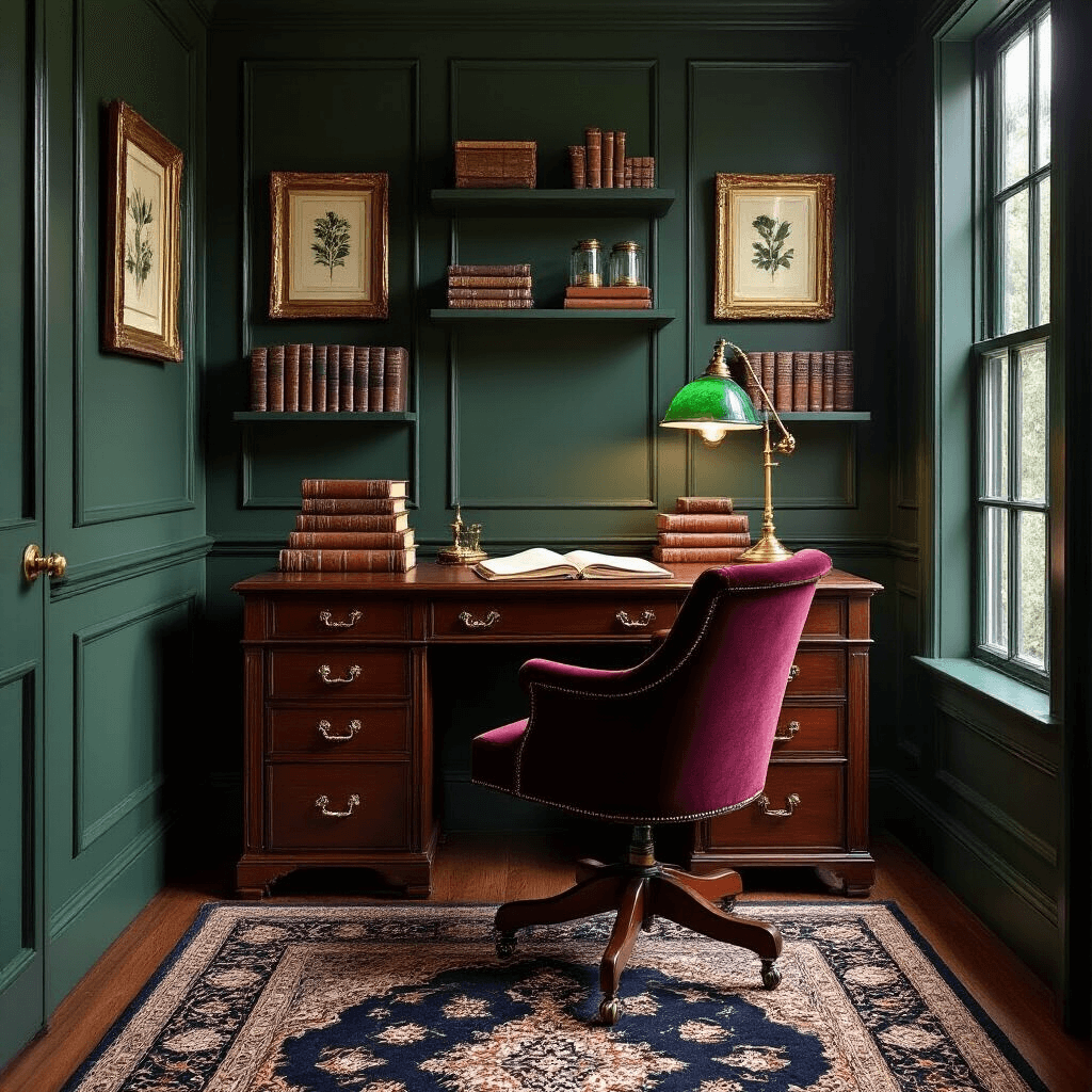 A sophisticated dark academia study area featuring deep forest green walls, a mahogany desk with vintage elements, and warm brass fixtures, accented by leather-bound books, a green glass banker’s lamp, and a burgundy velvet chair, all illuminated by warm tungsten lighting.