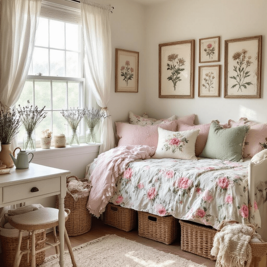 A bright cottagecore dorm room with pale pink and sage green accents, featuring a Twin XL bed with vintage floral bedding, flowing white curtains, a windowsill adorned with mason jars of wildflowers, a gallery wall of pressed flower art, a wooden desk with a ceramic watering can and fairy lights, wicker storage baskets, and a braided jute rug, all illuminated by mid-morning sunlight.