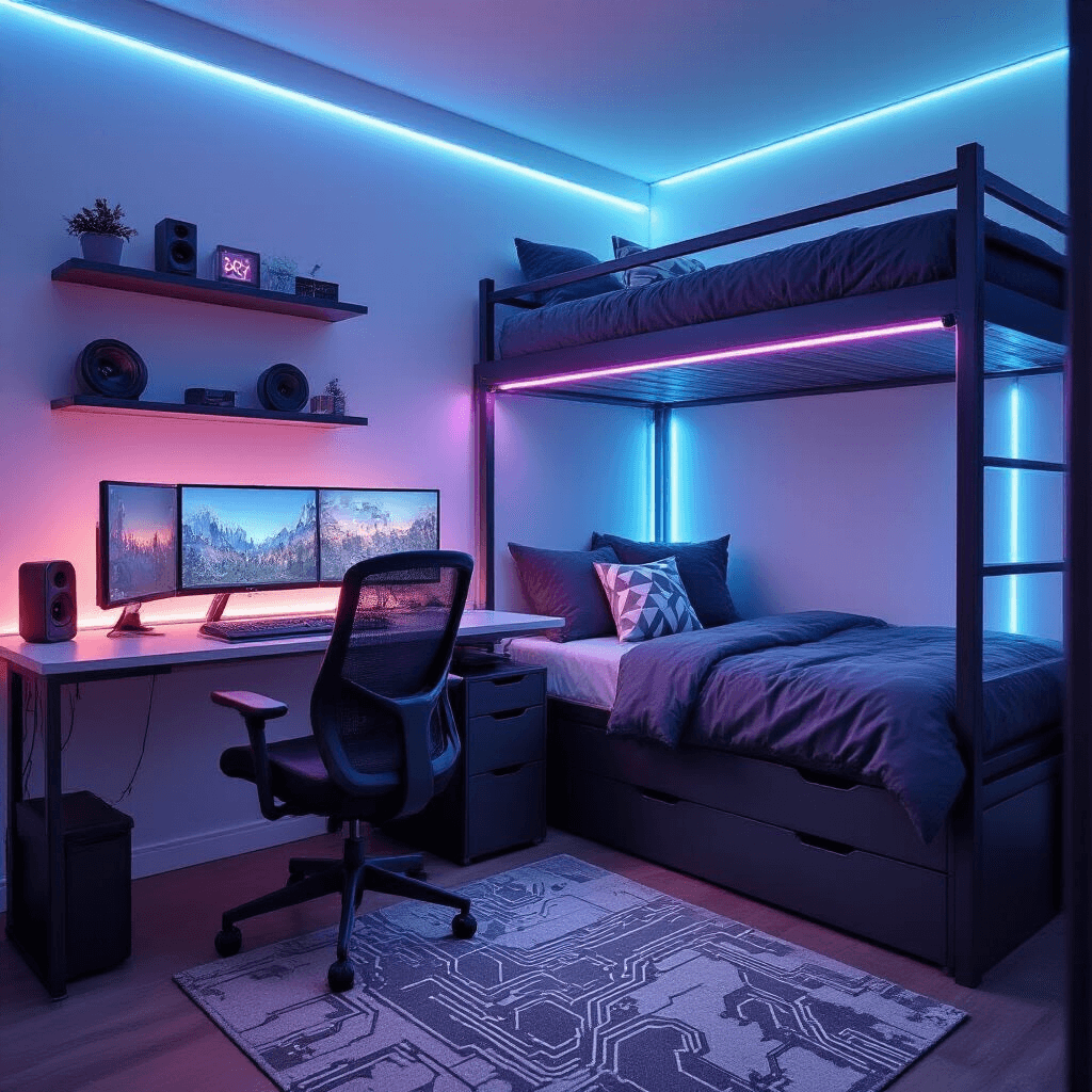 Sleek tech-forward dorm space with color-changing LED lights, a gaming setup, and lofted bed, captured at twilight from a dynamic diagonal angle.