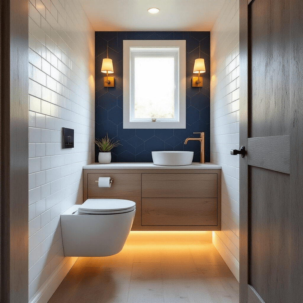 Photorealistic image of a compact powder room under a staircase, featuring a white wall-mounted toilet, floating white oak vanity with a circular vessel sink, bold navy geometric wallpaper, crisp white subway tiles, a partially open weathered gray barn-style pocket door, LED strip lighting, brass sconces, and polished concrete floors reflecting warm golden hour light from a frosted glass window.