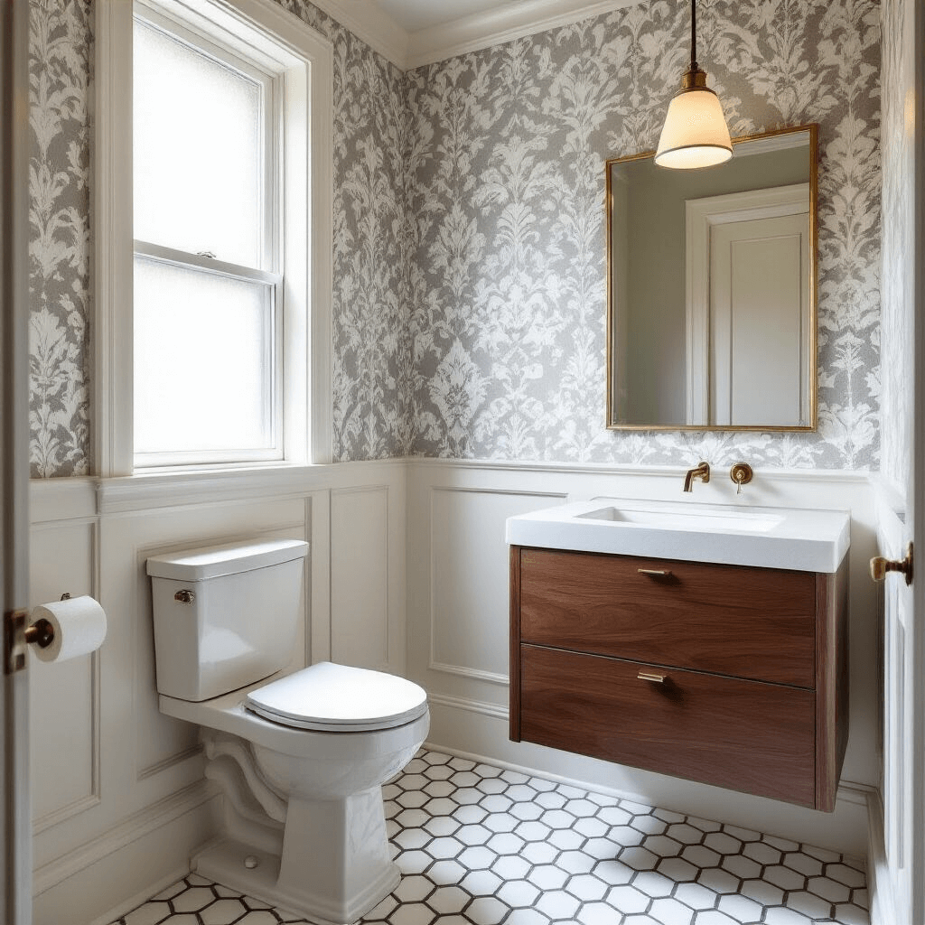 Photorealistic interior of a corner powder room featuring a wall-mounted white toilet and a floating walnut vanity with a rectangular sink, adorned with damask wallpaper, white wainscoting, a triangular corner mirror, and brass fixtures, all illuminated by natural light from a frosted corner window.