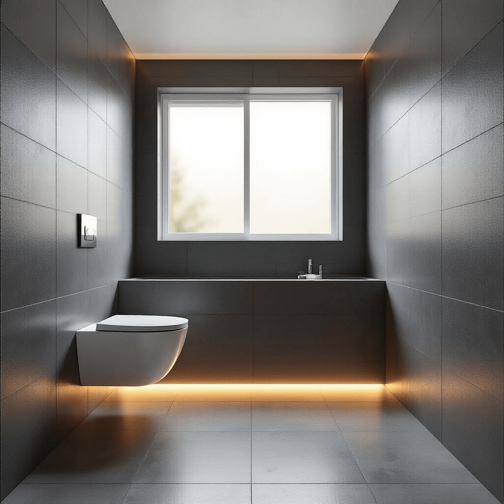 Photorealistic image of a compact modern bathroom featuring a wall-hung toilet against charcoal gray tiles, illuminated by warm morning light through a frosted glass window. The minimalist design includes polished concrete floors, sleek chrome fixtures, and contrasting textured wall tiles, with hidden LED lighting creating a soft ambient glow.