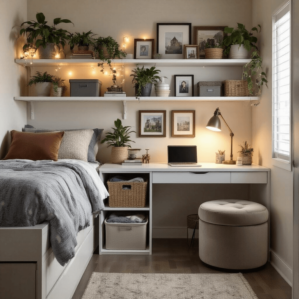 Elevated dorm room study area featuring white floating shelves with plants and vintage frames, under-bed bins for seasonal clothing, a velvet storage ottoman, and a compact desk illuminated by an adjustable LED lamp, all enhanced by ambient string lights.
