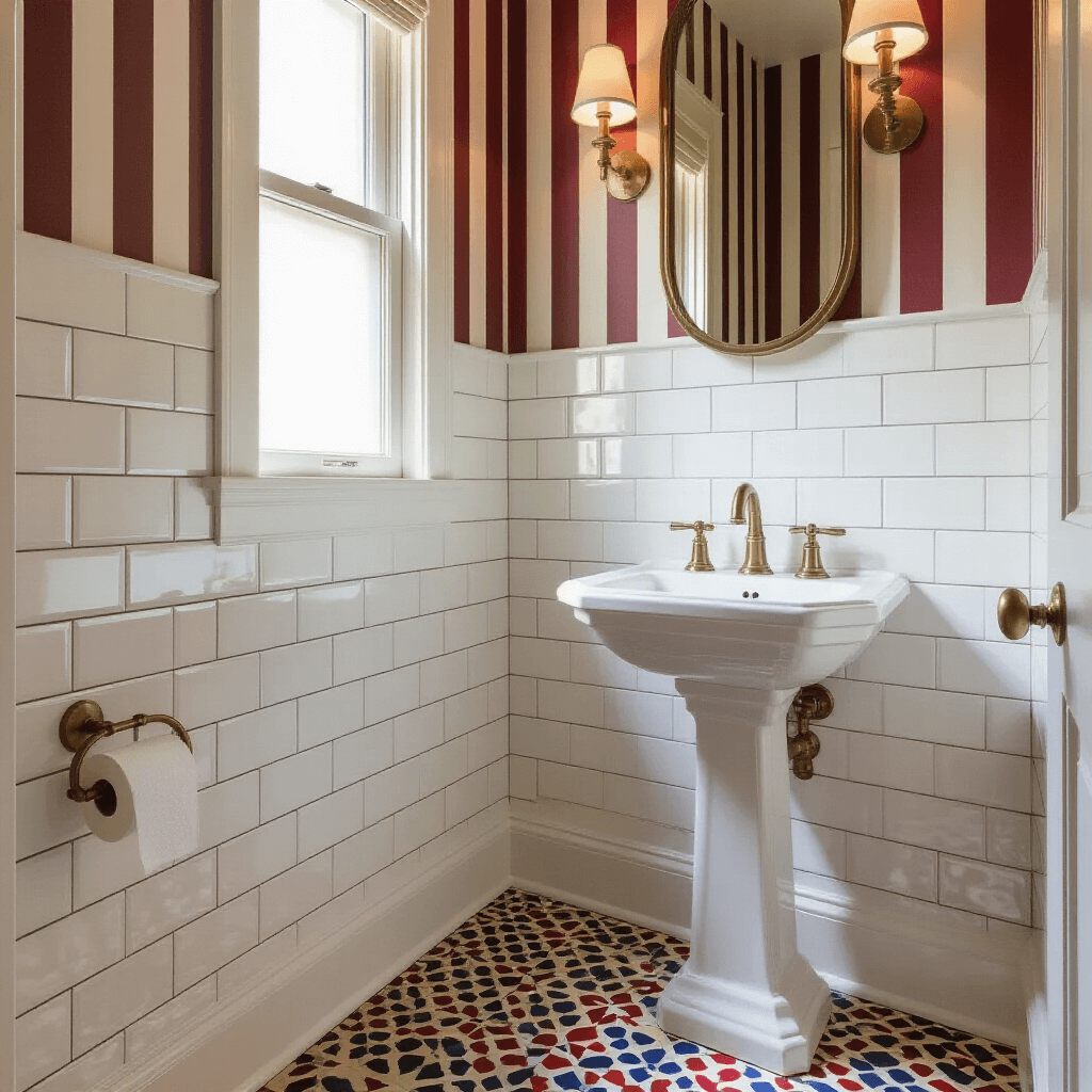 Photorealistic image of a narrow powder room with white subway tiles and bold vertical-striped wallpaper, featuring warm light, a white pedestal sink with Moroccan-pattern tiles, and brass fixtures.