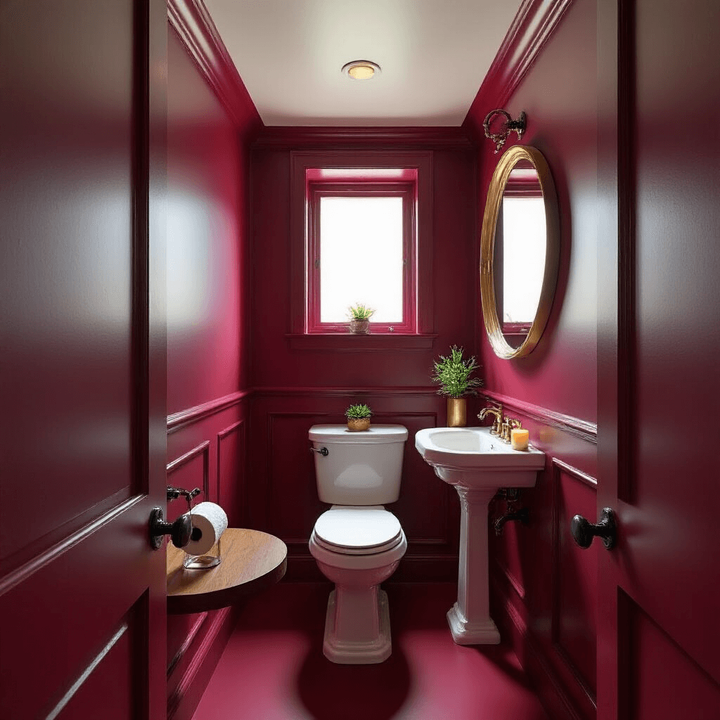 Photorealistic interior of a small burgundy-painted toilet room featuring a white porcelain toilet and pedestal sink, an oversized brass-framed mirror, a walnut shelf with a succulent and candle, and matte black hardware, all illuminated by soft morning light filtering through a window.