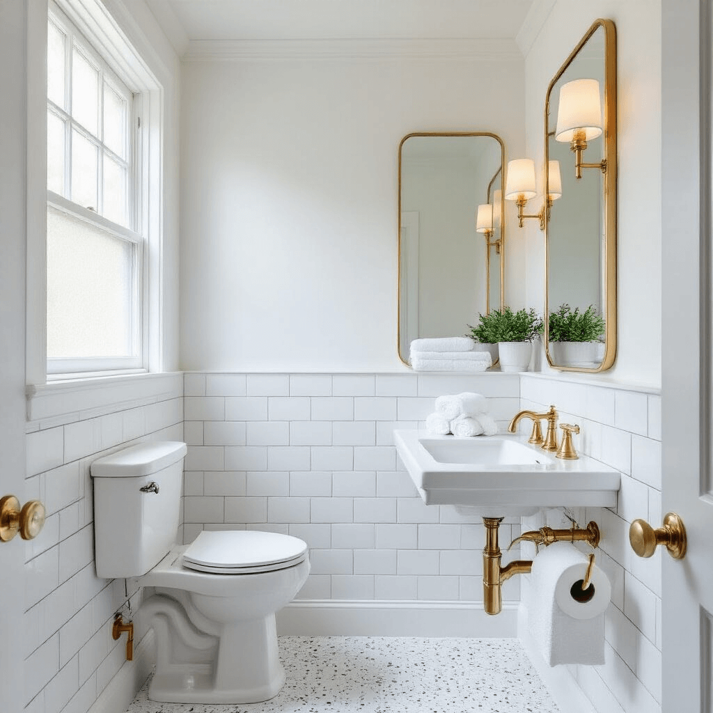 Photorealistic interior of a modern monochrome powder room with white walls, terrazzo surfaces, frosted glass window, gold fixtures, and a large rectangular mirror, showcasing a sophisticated design with bright lighting and clean textures.