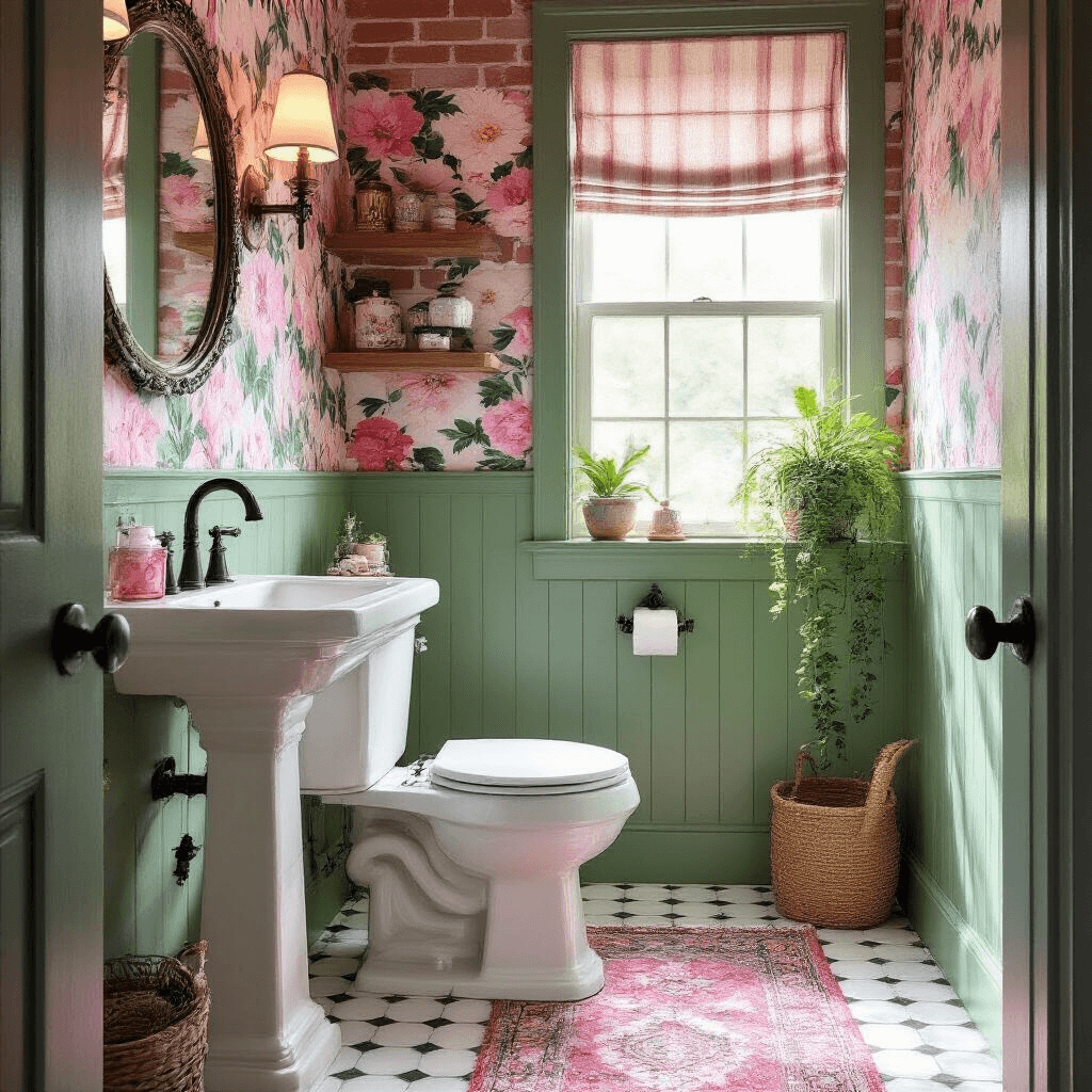 Photorealistic view of an eclectic powder room, featuring a pink and green color palette with bold pattern mixing, an exposed brick accent wall, white toilet, large-scale floral wallpaper, small geometric floor tiles, striped window treatment, white pedestal sink with hexagonal mirror tiles, matte black fixtures, floating natural oak shelf with vintage glass bottles and a pothos plant, and a Persian-style runner rug, all illuminated by soft morning light.