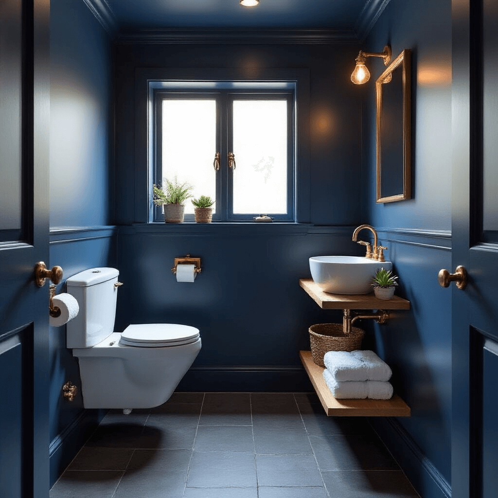 How I Transformed My Cramped Downstairs Toilet Into a Space That Actually Impresses Guests Photorealistic interior of a compact navy blue toilet with a wall-mounted white toilet, hardwood shelves, and brass accents, illuminated by golden hour light through a frosted window.