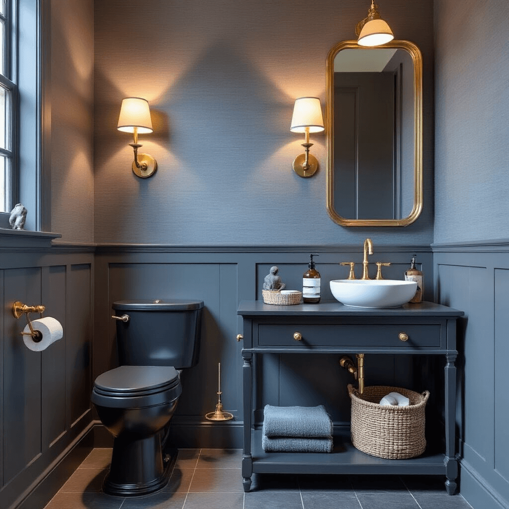 How I Transformed My Cramped Downstairs Toilet Into a Space That Actually Impresses Guests Photorealistic view of a sophisticated charcoal gray downstairs toilet, featuring warm LED lighting from brass sconces, a wall-hung matte black toilet, dark wood-effect tiles, an antique console converted to a vanity, textured grasscloth wallpaper, and curated objects on floating shelves, all set during blue hour.