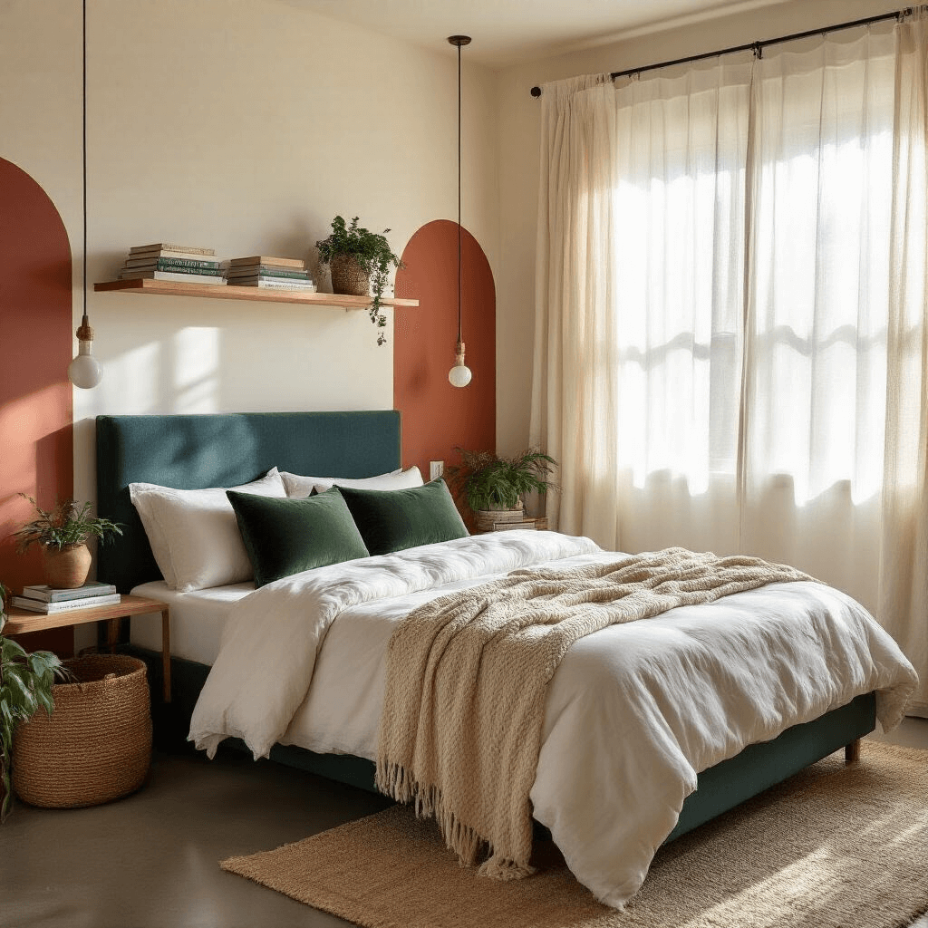 How I Transformed My Dorm Room Into a Luxury Suite (And You Can Too) A cozy small dorm room with creamy white walls, soft terracotta accents, and deep forest green details, featuring a twin XL bed with a navy headboard, layered white linens, and green velvet pillows. Golden hour light filters through sheer curtains, illuminating wooden shelves with books and plants, alongside a jute basket on polished concrete flooring.