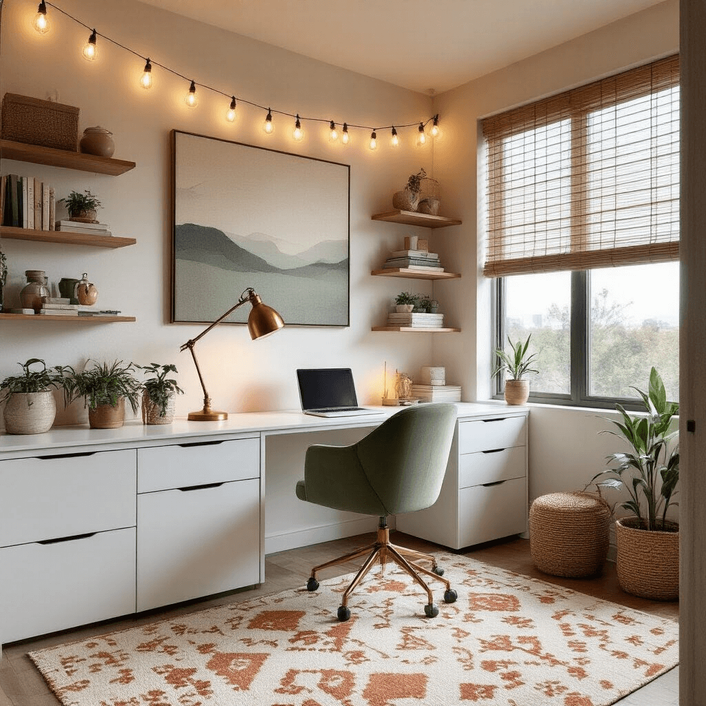 How I Transformed My Dorm Room Into a Luxury Suite (And You Can Too) Full view of a transformed dorm study area in the evening, featuring a modern white lacquer desk under a large window with bamboo blinds, a vintage brass desk lamp, Edison bulb string lights, a sage green velvet ergonomic chair, and a geometric patterned area rug. Floating wooden shelves display books and plants, while a large abstract canvas hangs above the desk, all captured in warm, balanced artificial lighting.