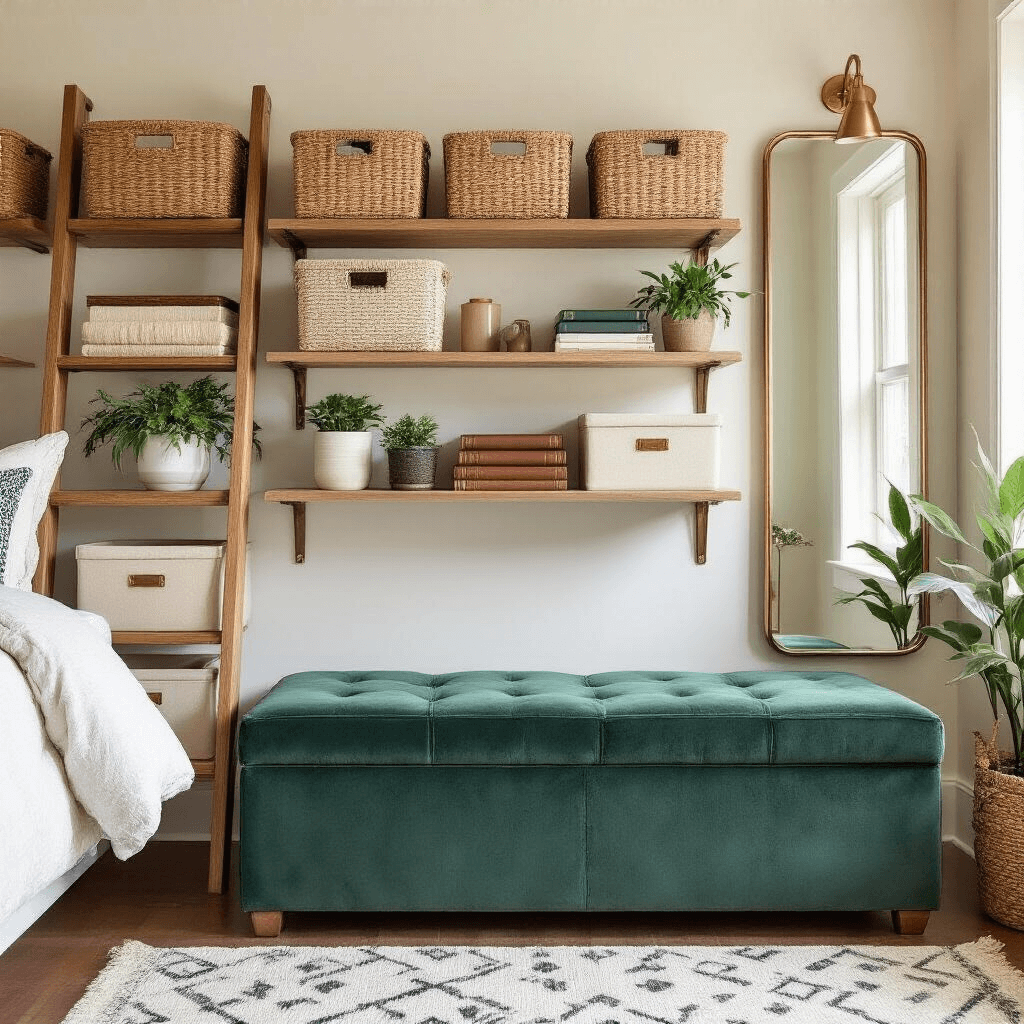 How I Transformed My Dorm Room Into a Luxury Suite (And You Can Too) A well-organized dorm room storage solution features a ladder shelf with woven baskets and books, a deep green velvet ottoman on a jute rug, cream linen storage boxes on a floating shelf, and a brass-framed mirror reflecting morning light, all in a warm, neutral color palette.