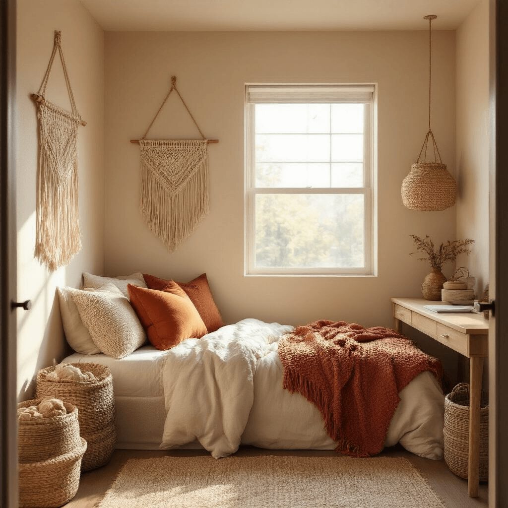 How I Transformed My Boring Dorm Room Into a Space I Actually Want to Spend Time In A cozy, boho-inspired small dorm room featuring warm morning light, macramé wall hangings, a twin XL bed with burnt orange and rust-toned textiles, woven baskets, and earthy decor, captured from a low angle near the doorway.