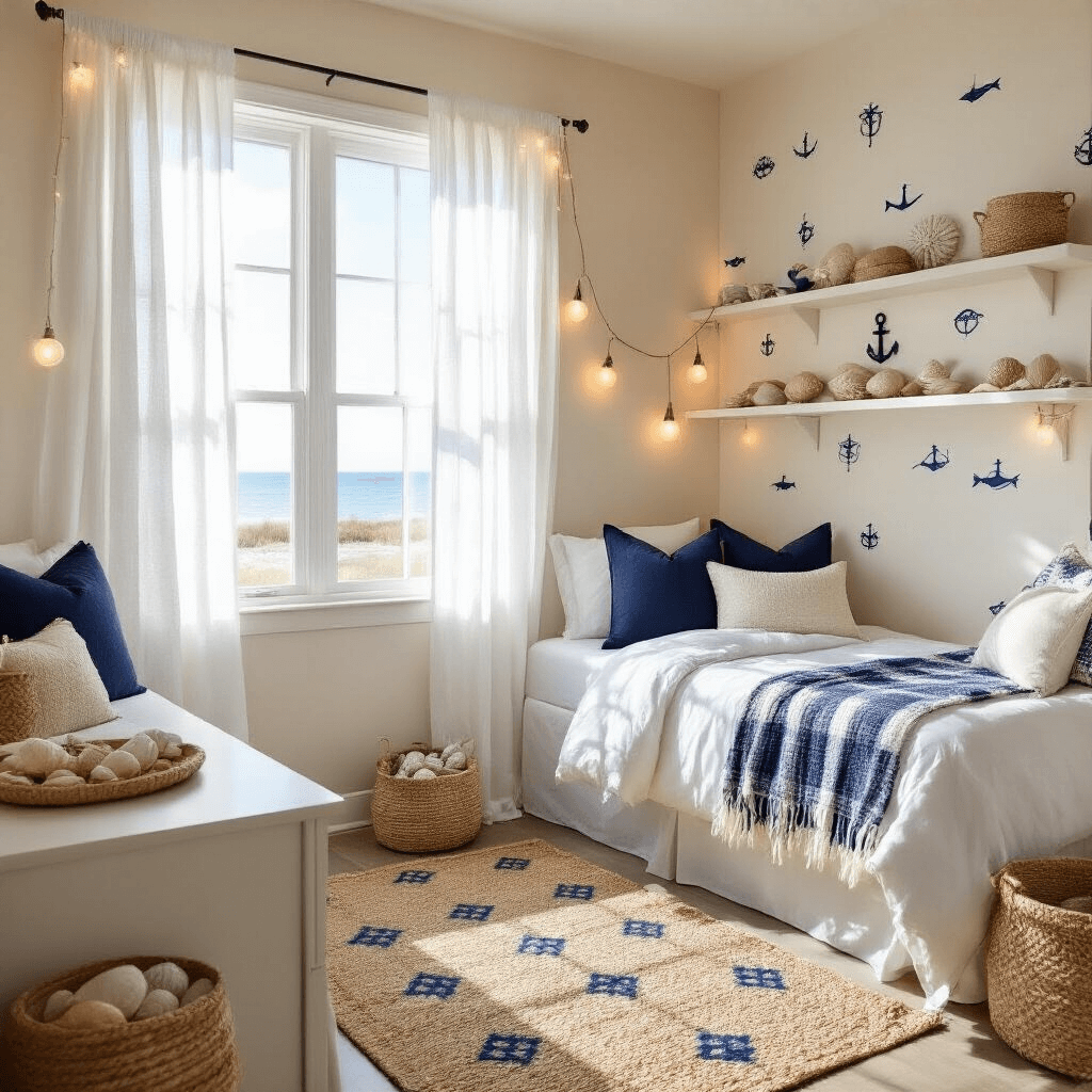 How I Transformed My Boring Dorm Room Into a Space I Actually Want to Spend Time In A bright, coastal-themed dorm room with sandy beige walls, sheer white curtains, and nautical wallpaper, featuring a twin bed with crisp white linens, navy blue pillows, and a textured throw. The room includes floating shelves with seashells and driftwood, a small desk, string lights outlining the window, and a jute rug with blue geometric patterns, all bathed in afternoon sunlight.