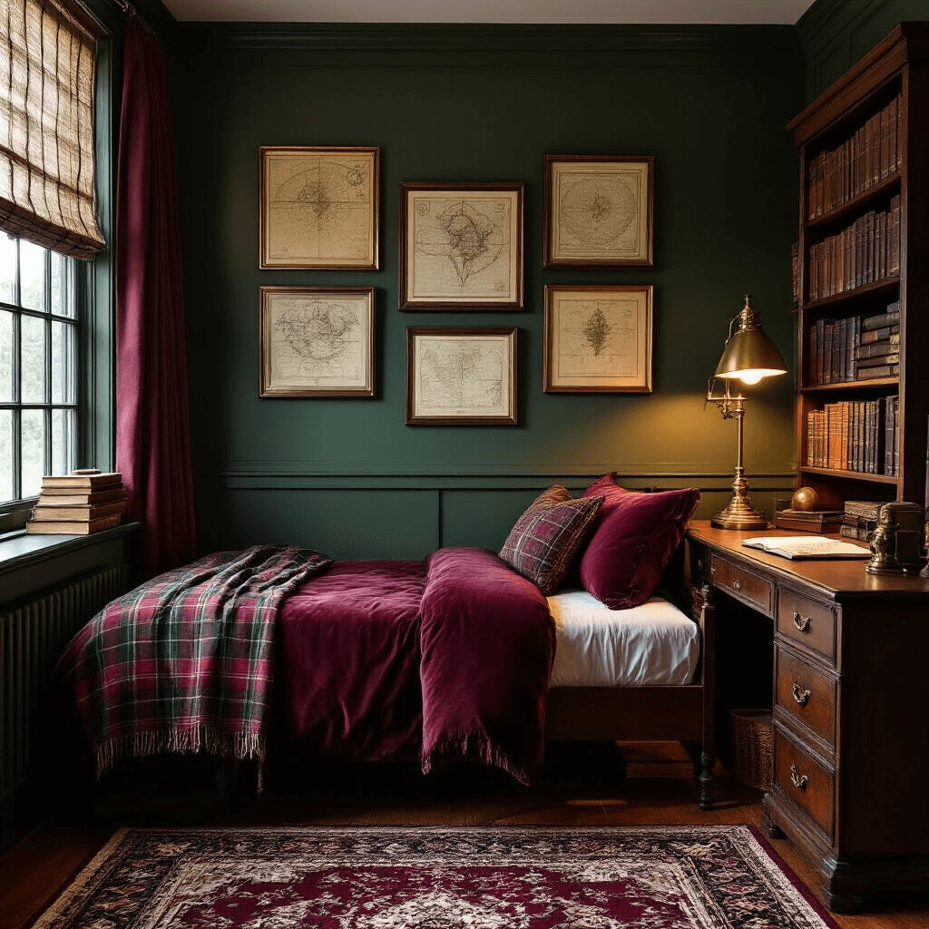 How I Transformed My Boring Dorm Room Into a Space I Actually Want to Spend Time In A moody dark academia dorm room during golden hour, featuring deep forest green walls, a twin bed with burgundy velvet bedding, a gallery wall of vintage maps and botanical prints, and a brass desk lamp illuminating leather-bound journals. Rich mahogany and leather textures are complemented by a Persian-style rug in deep reds and golds, creating an intellectual sanctuary.