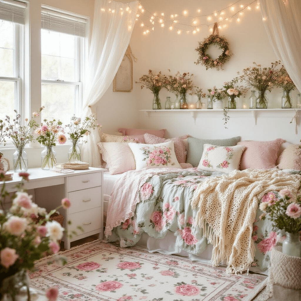 How I Transformed My Boring Dorm Room Into a Space I Actually Want to Spend Time In A cozy cottagecore dorm room featuring pastel florals, a twin bed with floral bedding, fairy lights above, and dried flower arrangements in vintage bottles, all bathed in soft morning light.
