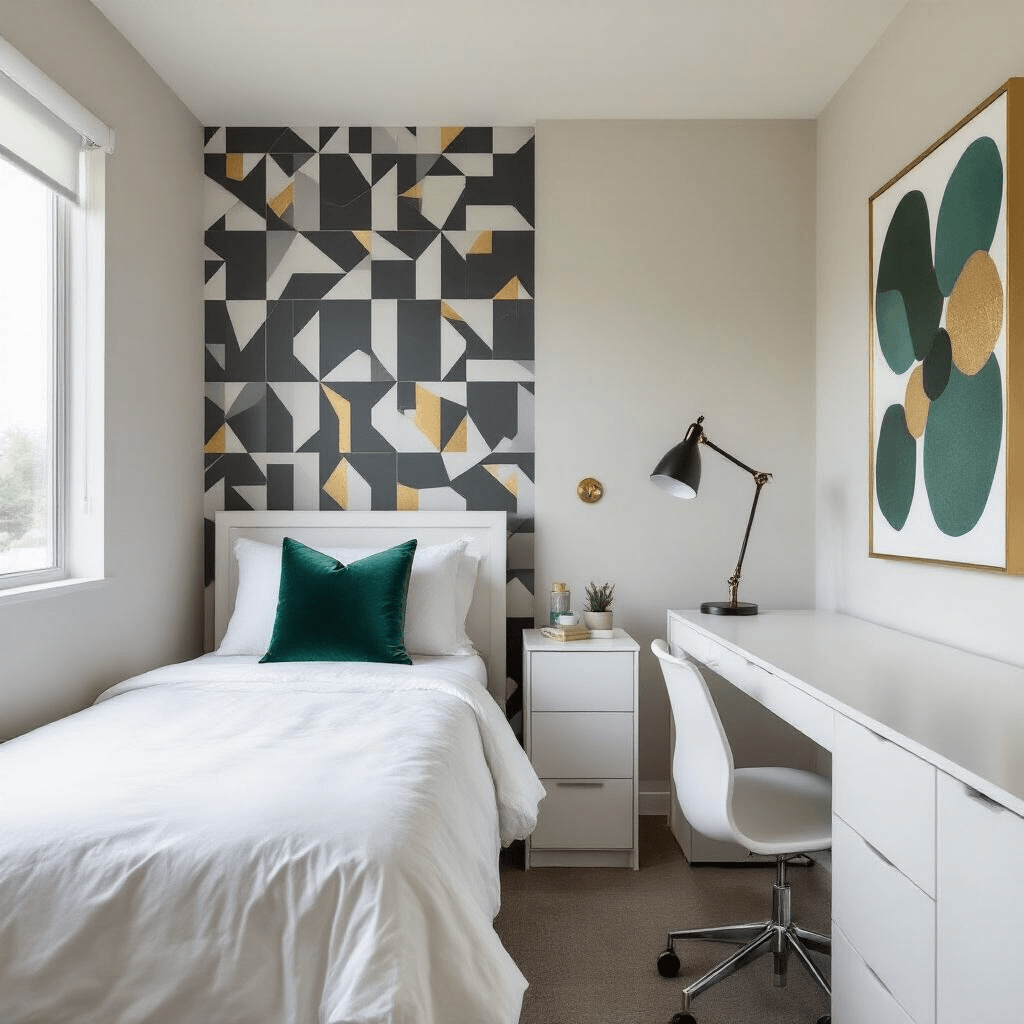 How I Transformed My Boring Dorm Room Into a Space I Actually Want to Spend Time In A minimalist dorm room featuring neutral gray walls and a geometric charcoal accent wall, showcasing a simple white twin bed with crisp linens and a jewel-toned emerald velvet pillow. The room includes a white desk, modern task lamp, and a large abstract art piece in emerald and gold above the bed, all captured in clean afternoon light.