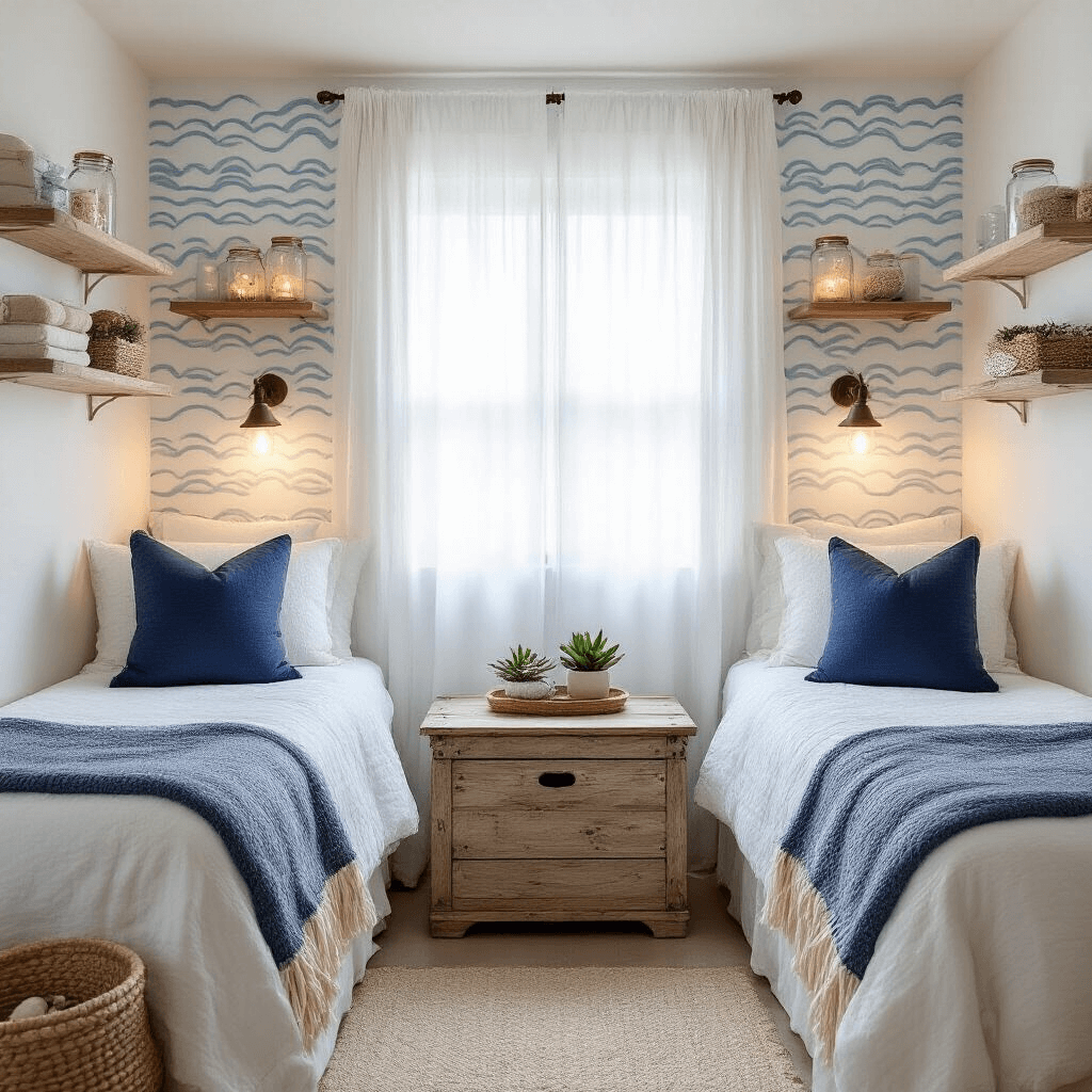 A serene coastal-themed dorm room with twin beds in L-formation, illuminated by morning light through sheer curtains, featuring subtle wave-pattern wallpaper, ocean-inspired decor, and a vintage wooden ottoman.