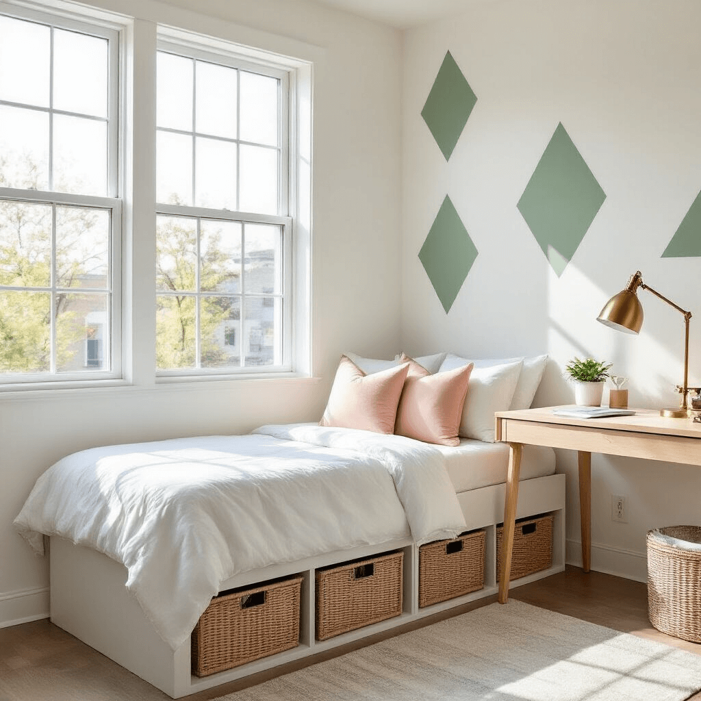 Bright minimalist dorm room with white walls and sage green geometric decals, featuring a twin bed with blush and sage pillows, under-bed wicker storage, and a wooden desk with a brass lamp and potted plant, all bathed in afternoon sunlight.